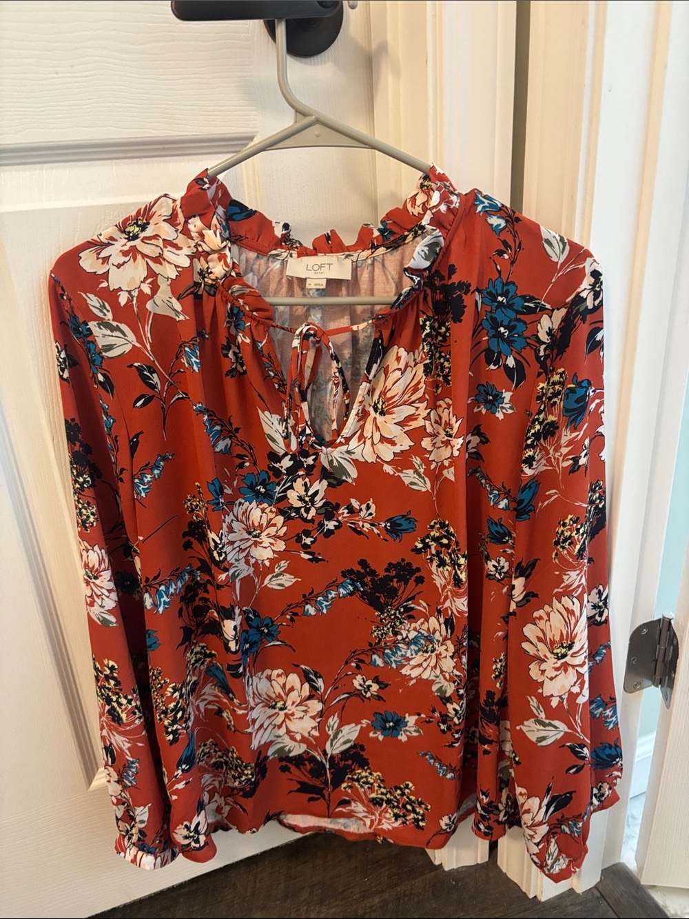 LOFT Rust Floral Tie-Front Blouse with Blue Accents